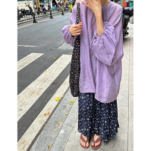 而然ERAN夏复古日系紫色苎麻衬衫藏蓝色碎花半裙女微胖MM大码女装
