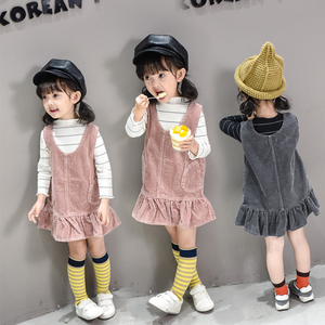 巴拉巴柆女童春装2024新款韩版宝宝儿童装条绒灯芯绒裙子纯棉背带