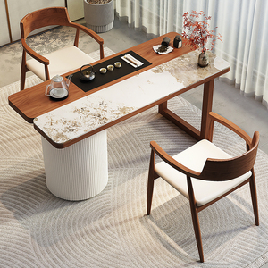 新中式阳台实木岩板桌椅组合功夫茶几现代简约家用办公一体新款小