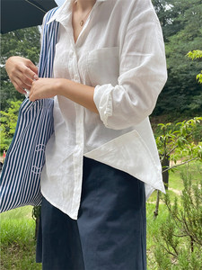 日本无印MUJ良品法式棉麻防晒I白色衬衫薄款宽松外搭衬衣亚麻上衣