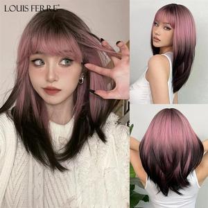 LOUIS FERRE Black Pink Ombre Synthetic Wigs for Cosplay Long