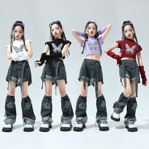 韩系女童爵士舞服装潮酷表演套装袖套上衣两截牛仔裤露脐装六一演