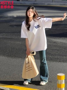 韩都衣舍正品美式白色正肩短袖t恤女2024新款夏季设计感小众chic