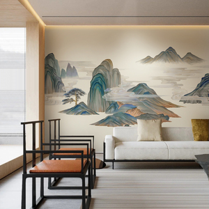 新中式迎客松树大气装修墙纸壁布卧室客厅墙布电视沙发背景墙壁纸