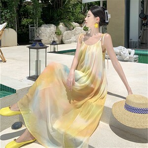 黄色晕染设计感小众度假裙夏气质吊带连衣裙慵懒风飘逸超仙仙女裙