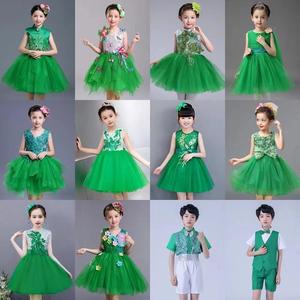 六一儿童演出服大班合唱服装女孩亮片蓬蓬舞蹈裙幼儿园绿色表演服