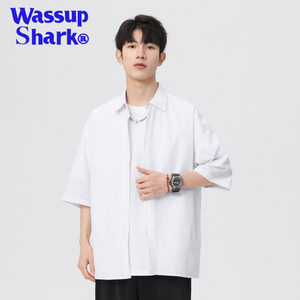 WASSUP SHARK夏季潮牌新款短袖衬衫男纯色百塔宽松休闲衬衣外套