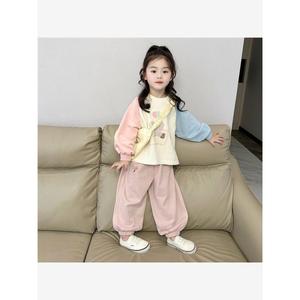 韩国童装女童套装春季中小童甜美可爱撞色插肩袖卫衣运动裤两件套