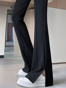 伊芙丽黑色微喇西装裤女夏季高级感垂感直筒窄版阔腿裤侧开叉喇叭