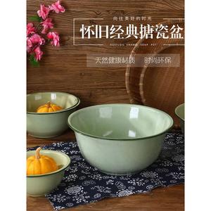 汤碗家用老式加厚绿色加深盆面盆复古怀旧搪瓷碗 创意卷边搪瓷盆
