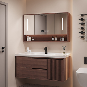 新中式浴室柜组合实木吊柜橡木洗手池洗漱台洗脸盆智能镜柜卫浴柜