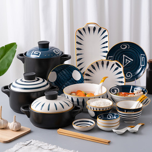 有盖子的碗用日式陶瓷碗盘餐具创意网红碗筷双耳带盖汤碗餐盘组合