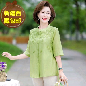 常熟新中式布叶中袖时尚气质圆领中老年女装洋气中国风绣花妈妈装