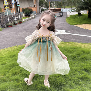 韩国女童汉服连衣裙2024新款夏装儿童超仙古风唐装宝宝刺绣公主裙