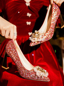 红蜻蜓秀禾服婚鞋女2024春新款女鞋女士结婚粗高跟鞋子新娘鞋红色