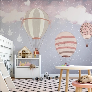 热气球儿童房墙纸卡通无缝壁画公主房定制壁布女孩卧室背景墙壁纸