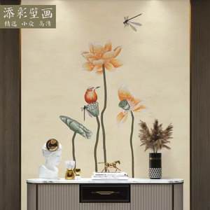 新中式玄关简单刺绣壁布荷花小鸟走廊尽头独秀墙布暖黄苏綉花定制