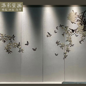 新中式全剌绣硬包卧室背景墙白色雅致花鸟图独秀机绣工艺壁画定制