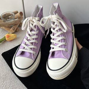 学生百搭圆标板鞋女春新款浅紫色高帮帆布鞋女潮流时尚新款休闲鞋