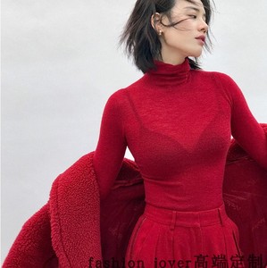 红色超薄高领修身羊毛绒衫女秋冬羊毛衫超细显瘦针织毛衣打底衫薄