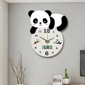 儿童挂表熊猫挂钟家用墙上石英钟创意静音钟表免打孔日历挂表卧室