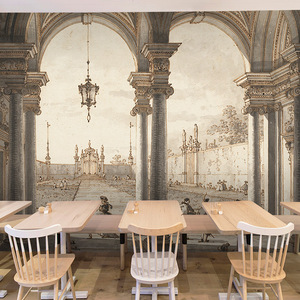 复古英伦风欧式古典奢华宫廷建筑墙纸文艺复兴壁画办公室客厅壁纸