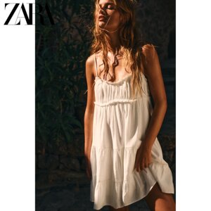 ZARA 24夏季新品 TRF 女装 白色褶边垂感吊带连衣裙 0881331 250