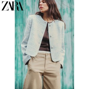 ZARA24春季新品 女装 纹理饰有垫肩圆领短款西装外套 2225546 055