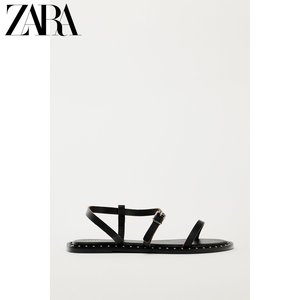 ZARA夏季新品 女鞋 黑色复古皮革铆钉镶饰平底凉鞋 2640310800