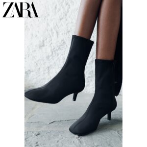 ZARA2024秋季新品 女鞋 黑色方头弹力细高跟流行时装短靴 1104410