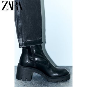 ZARA新品 TRF 女鞋 黑色厚底复古高跟短靴 3145210 800