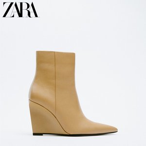 ZARA2024春新品+女鞋+米色牛皮革坡跟时装短靴+…