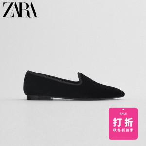 ZARA女鞋黑色天鹅绒平底鞋单鞋英伦风乐福鞋12506610