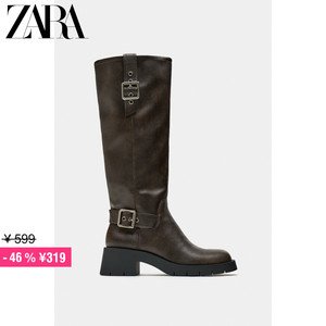 ZARA特价精选 女鞋 棕色复古搭扣装饰机车长筒平底靴 1004310 700
