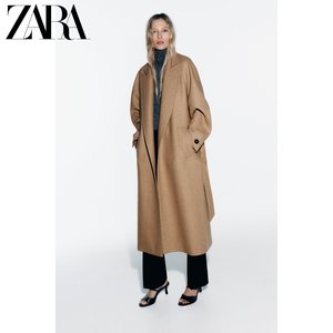 ZARA24春季新品 女装 配腰带羊毛混纺长款大衣外套 2052298 704