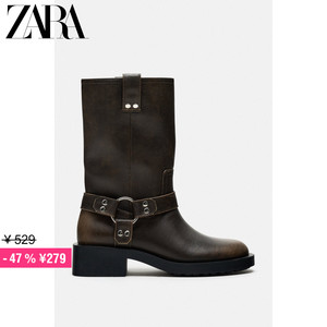 ZARA特价精选 女鞋 棕色复古机车款平底短靴时装靴 2180310 700
