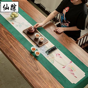 仙踪鹿皮绒防水茶席桌旗新中式简约桌布彩绘中国风棉麻布艺茶具配