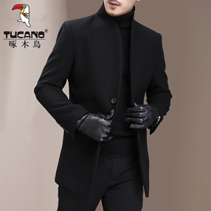 啄木鸟毛呢大衣男高级感秋冬季商务韩版修身短款羊毛呢子黑色外套