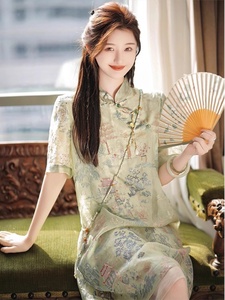 国风新中式女装改良旗袍连衣裙女夏小个子高级感立领花色短袖裙子