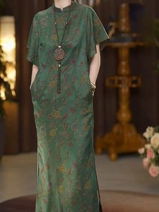 新中式高端重磅香云纱改良旗袍复古高级感宽松国风绿色连衣裙子夏