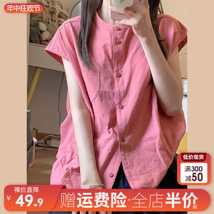 日系复古玫红色短袖衬衫女夏季新款设计感娃娃领无袖衬衣独特上衣