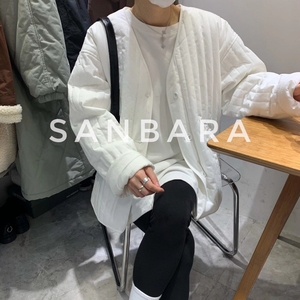 sanbara韩国2022冬v领宽松休闲短款竖条棉服外套女小众设计感棉衣