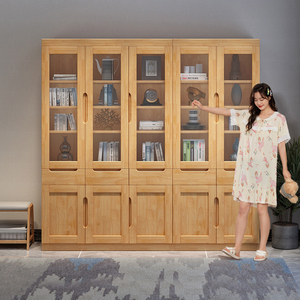 华南家具简约现代自由组合实木书柜书房带玻璃门带抽屉书橱置物柜