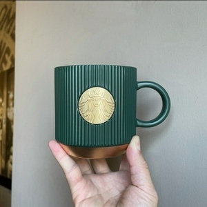 星巴克水杯子墨绿条纹马克杯大容量伴手礼陶瓷铜章杯送礼咖啡杯