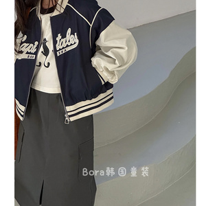 波拉bora韩国女童棒球服外套春装新款中大儿童学院风拼色夹克上衣