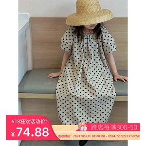 波拉bora韩国女童连衣裙中大儿童夏装洋气甜美波点满印白色公主裙