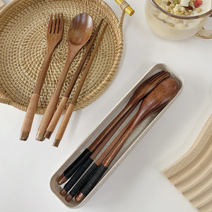 木质筷子勺子套装便携餐具筷勺叉子三件套单人学生日式女生收纳盒