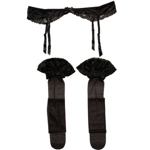 黑色女士蕾丝舒适XL性感吊袜带+蕾丝花边长筒丝袜套装GA1016