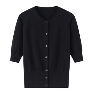 鄂尔多斯市产纯山羊绒短袖女毛衣半袖圆领开衫早秋黑色打底衫E375