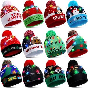 帽子秋冬款跨境圣诞节LED灯针织帽彩灯派对成人圣诞帽毛线帽子批